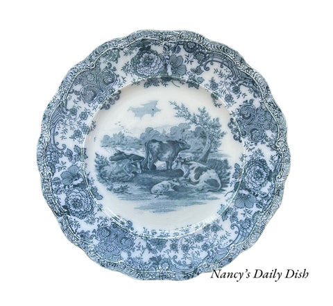 Antique Grazing Cattle Cows Plate Teal Blue Transferware Staffordshire China  Ridgway Staffordshire Beehive Stamp