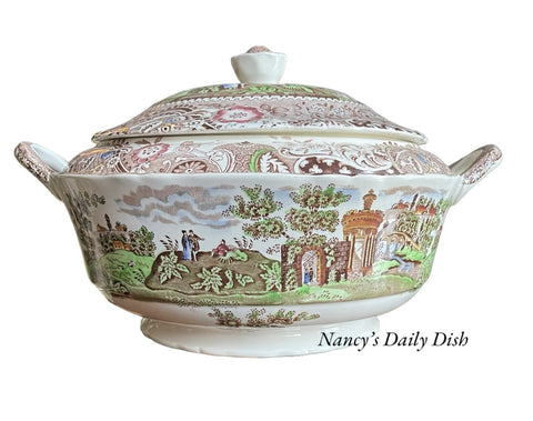 Rare Midwinter Brown Polychrome Transferware Soup Tureen Gazebo Strolling Couple