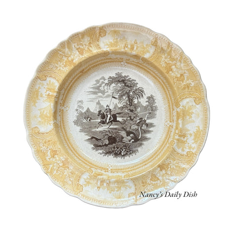 C. 1828-46  RARE Yellow Bi Color Transferware Staffordshire Soup Plate Enoch Woods Belzoni