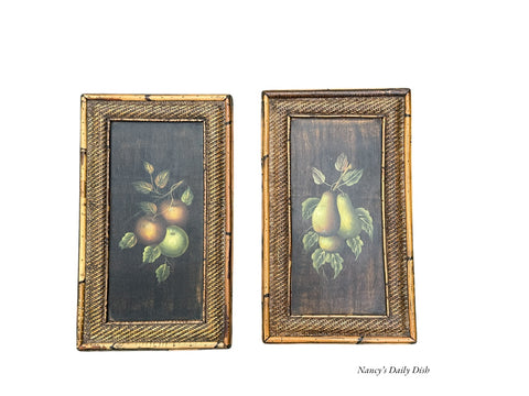 Pair Vintage Rattan & Bamboo Framed Hand Painted Fruit Paintings on Wood Board