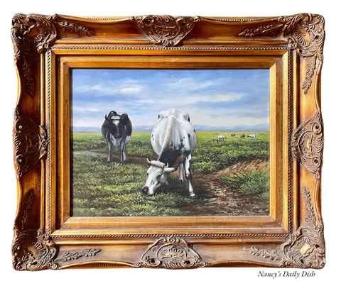 Grazing Cattle Cows Oil Painting Framed Ornate Gilt Gesso / Gold Frame