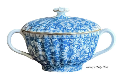 Victorian Aesthetic Movement Turquoise Transferware Lidded Butter Pail Tub / Crock Spode W T Copeland Daisies
