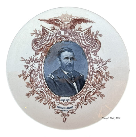 2 Color Black Brown Transferware Plate Late 19th Century General President Ulysses S Grant Sarreguemines