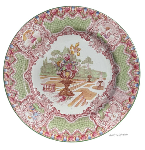 Rare Antique Pink & Green Transferware Copeland Spode Plate Ornate Urn of JUNE Flowers