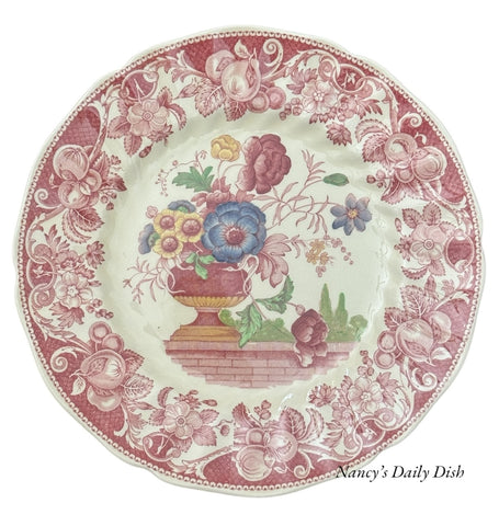 Vintage Colorful Blooms Red Transferware Plate Royal Doulton Pomeroy Urn w/ Flowers