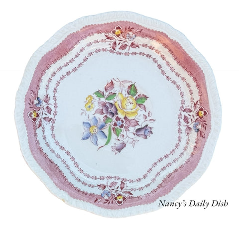 English Pink Transferware Saucer Plate w/ Hand Painted Blue Yellow Purple Flowers