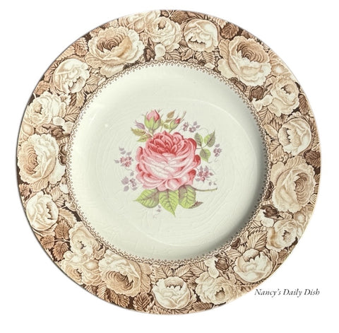 The Miniver Rose Brown English Transferware Plate Cabbage Roses Border w/ Painted Pink Rose & Lavender Flowers