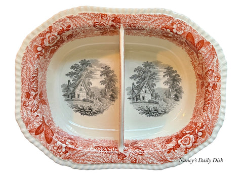 Very Rare Large Bi Color Brick Red & Black Transferware Spode Copeland Divided Serving Bowl