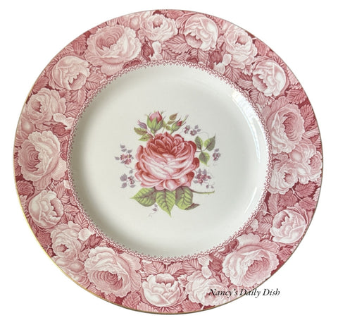 The Miniver Rose Red English Transferware Plate Cabbage Roses Border w/ Painted Pink & Lavender Flowers