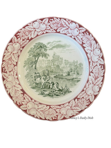 Vintage Red & Green English Bi Color Transferware Plate Stag Hunt Windsor Castle