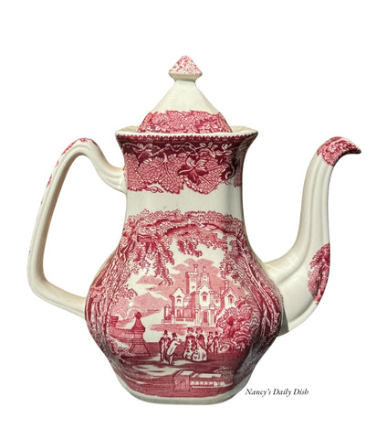 Vintage Red Transferware Masons Vista Square Tall Teapot Coffee Pot Oak Leaves Ivy Park Scene