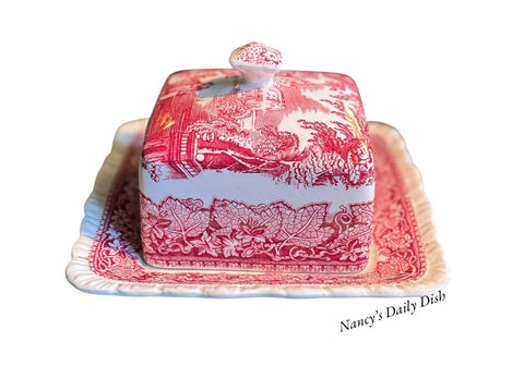 RARE Red Transferware Masons Vista Square Covered Butter Dish