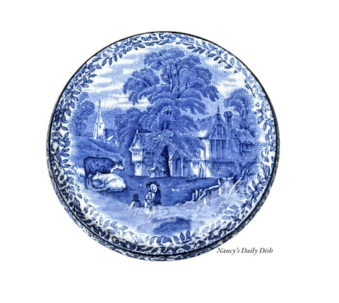 Antique Foley Cows Pastoral Scene Teapot Trivet Blue Transferware Chintz