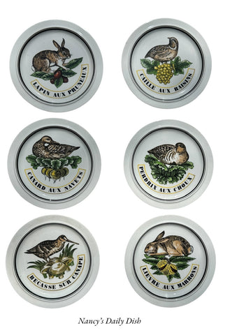 Set of 6 Vintage French Cottage Kitchen Rabbits Game Bird Plates
