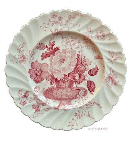 Pink / Red Transferware Victorian Plate Basket of Roses Charlotte