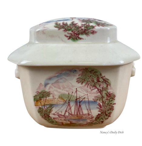 Red Polychrome Transferware Tea Caddy Safe Harbour Ship Scene  Figural Face Shaped Handles Lidded Jar