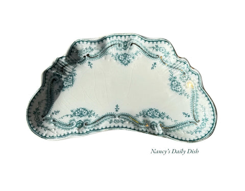 Antique Teal Transferware Crescent Bone Dish - Ribbons & Scrolls