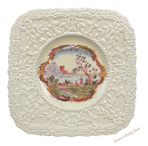 Royal Cauldon Square Brown Transferware Plate Embossed Border Picnic Lake Scenery Plate 1