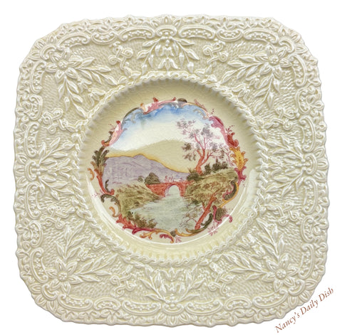 Vintage Royal Cauldon 1930's English Brown Transferware Plate Creamware Plate Cattle Bridge Lake Scenery Embossed Border #3