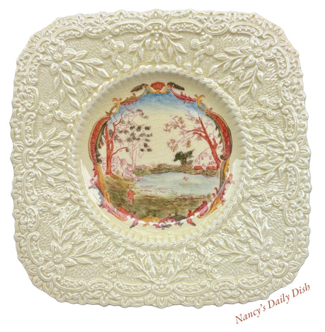 Royal Cauldon Square Transferware Plate Embossed Border Cottage on the Lake  #5