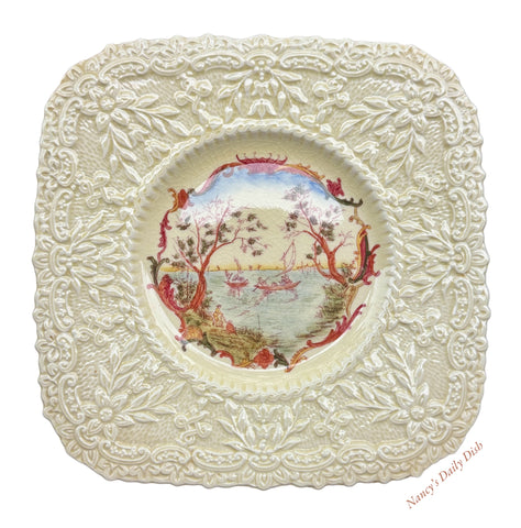 Royal Cauldon Square Transferware Plate Sailboats & Fishing Scenery w/ Relief Border #6