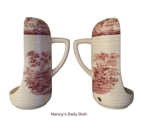 Pair of Vintage Tonquin Red Transferware Victorian Style Hand Held Candle Lantern Clarice Cliff Royal Staffordshire