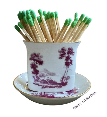 Vintage Purple Maroon Romantic Staffordshire Bone China Plate & Matches / Toothpick / Cigarette Holder