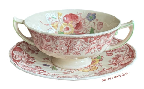 Vintage Red Transferware Polychrome Dual Handled Cream Soup Bowl and Plate Royal Doulton Pomeroy Urn w/ Flowers