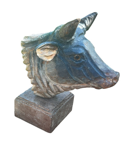Vintage Hand Carved Wooden Dimensional Cow / Bull Head Figure w/ Glass Eyes