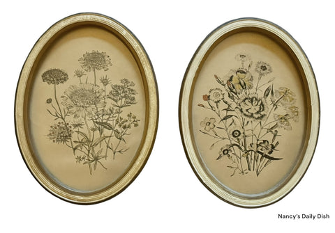 Pair of English Vintage Victorian Botanical Floral Prints in Creamy White Oval Frames