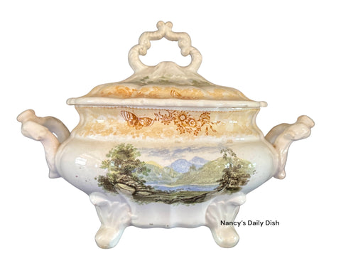 ULTRA RARE Yellow Staffordshire 4 Color Transferware Enoch Wood Butterfly Border Tureen 1830