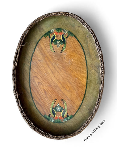 Antique English Victorian Wood & Wicker Hand Painted Birds Serving Tray