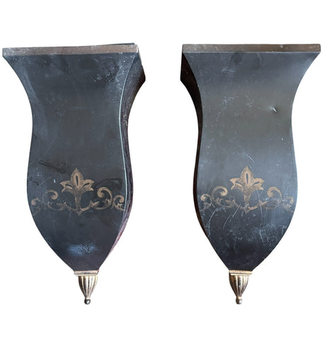 Pair of 16” Vintage Black & Gold Fleur de Lis Tole Wall Pocket Planters Flower Holder Wall Vases