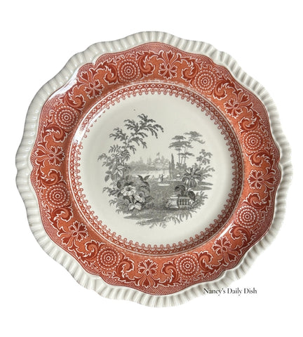 Spode Copeland Morocco Brick Red & Black Two Color Copeland Transferware Plate Garden with Conservatory / Roses / Urn Flowers
