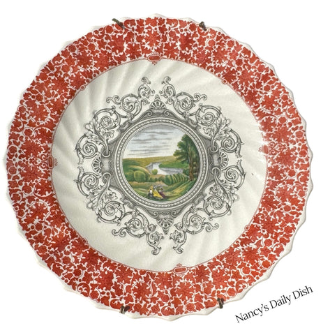 RARE Copeland SpodeBrick Red & Black Transferware Plate Scenic River & Landscape w/ Exquisite Detail