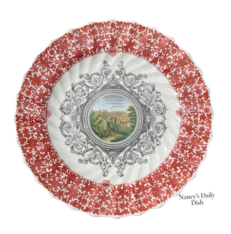 RARE8” Copeland Spode Brick Red & Black Transferware Plate Scenic River & Landscape w/ Gorgeous Rim
