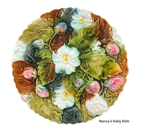 French Late 19th Century Majolica Barbotine Plate Strawberries Strawberry Leaves Flowers