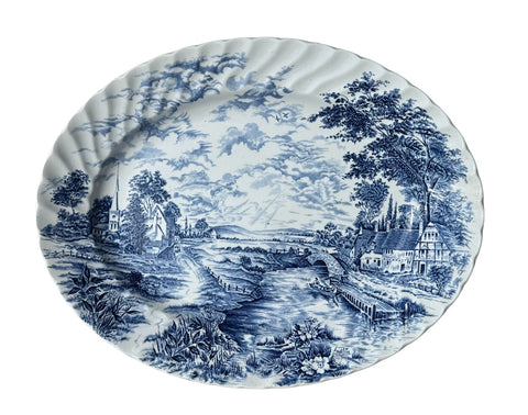 Lg Vintage Blue Transferware Platter Pastoral Scene w/ Church Spire & Winding River