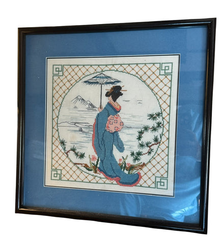 Vintage Framed Cross-stitch & Needlepoint Geisha Girl carrying Parasol