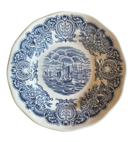 Blue Transferware Ports of England Ship Harbour Plate Roses Vintage Nautical Decor
