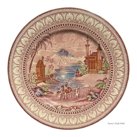 Polychrome Red Transferware Charger Platter  Orientalist Landscape with Figures, Camel & Mosque