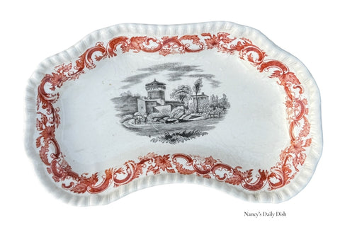 Rare Vintage 2 Color Transferware Unusual Bone Dish Rust Red & Black Spode Copeland European Scenery
