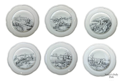 Set of 6 English Country Black Transferware Plates Fox Hunt Scene
