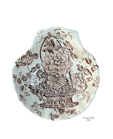 Shell Shape Soap Candy Dish Charlotte Brown Transferware w/ Floral Motif'
