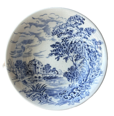Vintage Blue & White Toile Transferware Candy Dish Bowl English Countryside Bridge Castle