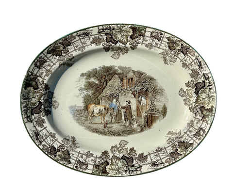 Spode Copeland Byron Pastoral Brown Transferware Platter Cattle Child Dog The Cow Doctor