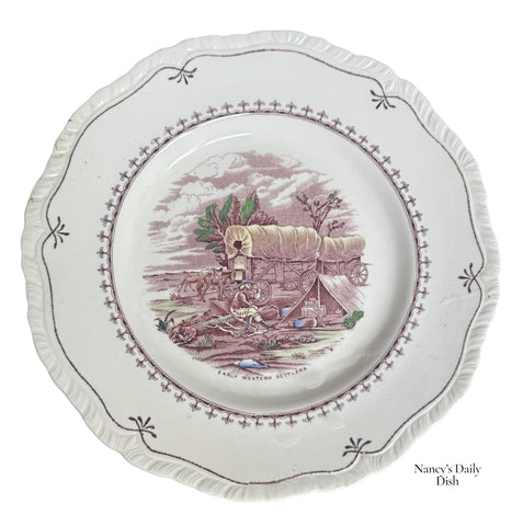 Historical Purple Polychrome English Transferware Plate Early American Settlers Covered Wagons
