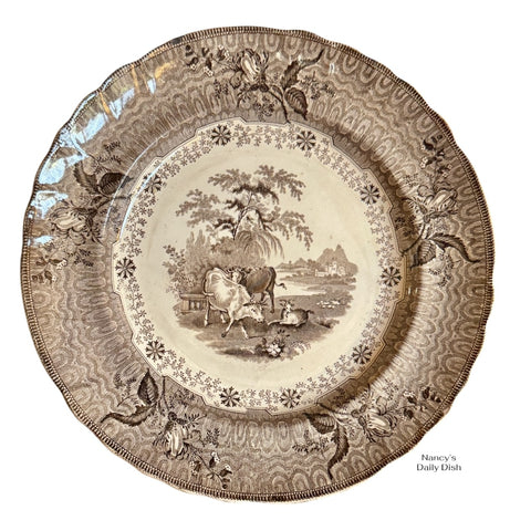 Circa 1834 Antique Park Scenery Staffordshire Brown Transferware Plate Bull Cow