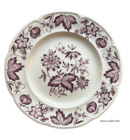 Vintage Purple Aubergine TRANSFERWARE PLATE Seed Pods Dahlias and Flowers