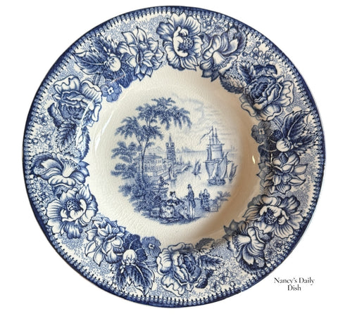 Blue Transferware Safe Harbour Soup Bowl Plate Ships in Port  & Roses Vintage Nautical Decor